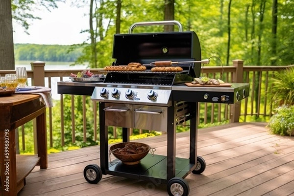 Obraz gas grill, featuring multiple burners and heat zones for efficient and versatile cooking, perfect for hosting large barbecue parties - Generative AI