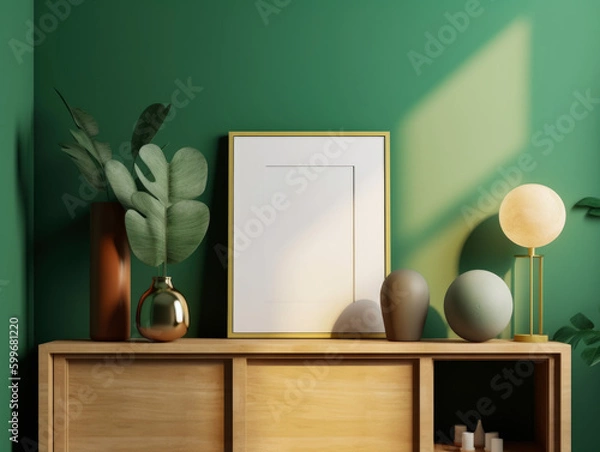 Fototapeta mockup photo frame green wall mounted on the wooden cabinet, Generative Ai