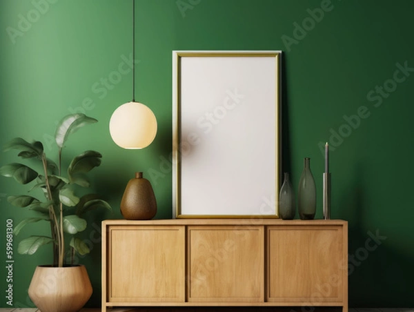 Fototapeta Interior of modern living room with green walls, wooden chest of drawers and plants. mockup photo frame green wall mounted on the wooden cabinet, Generative Ai