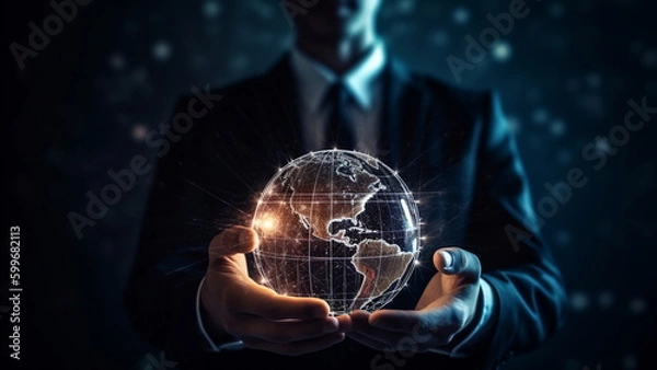 Fototapeta Businessman holding global network internet connection on social networking, digital marketing technology with Generative AI.