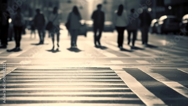 Fototapeta People walking in the street, panoramic view of people crossing the road with Generative AI.