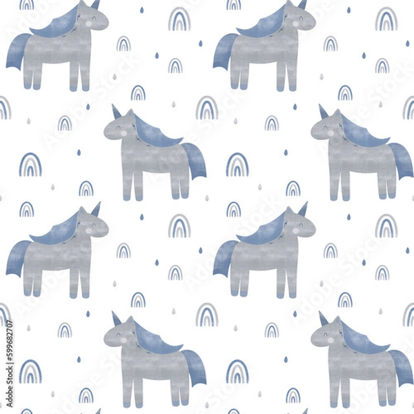 Fototapeta seamless pattern of unicorns with rainbow for textile for boys, unicorn pattern on white background