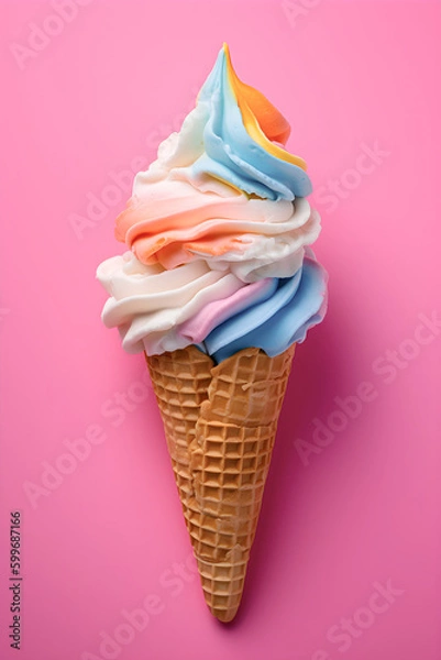 Fototapeta Ice cream cone, fruit, summer concept, pink background, generative ai.