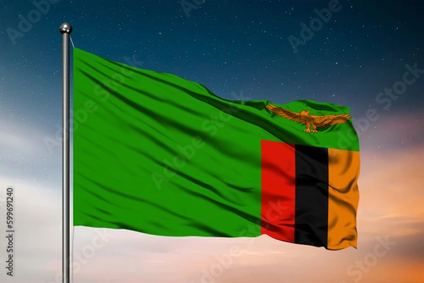 Obraz Waving flag of the Zambia. Pole Flag in the Wind. National mark. Waving Zambia Flag. Zambia Flag Flowing.