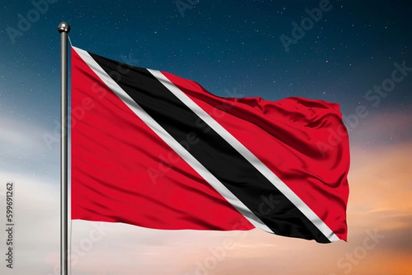 Obraz Waving flag of the Trinidad and Tobago. Pole Flag in the Wind. National mark. Waving Trinidad and Tobago Flag. Trinidad and Tobago Flag Flowing.