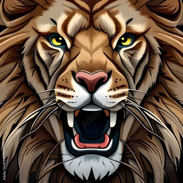 Obraz A close-up of a lion's face roaring, with detailed textures of its fur, whiskers, and teeth