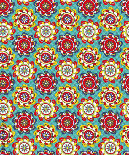 Fototapeta Seamless pattern of drawn decorative flowers in pop art style.