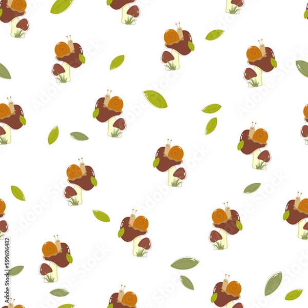 Fototapeta Seamless pattern of painted aspen mushrooms with a snail on a hat in a cartoon style for children's textiles and decor. With offset contour.