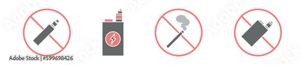 Fototapeta Stop smoking modern icon set, vaping ban concept, banned e-cigarette icons, electronic cigarette emblems, no smoking badge symbols isolated on white background