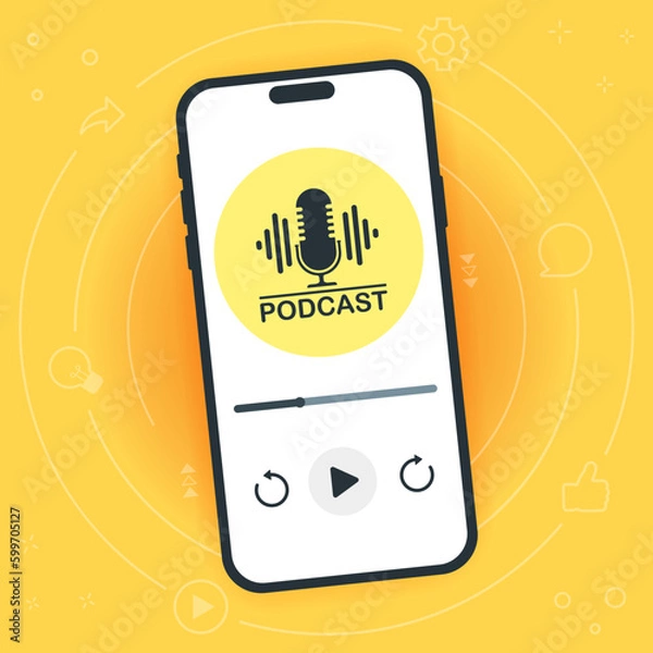 Fototapeta Podcast concept. Top view of a smartphone with a podcast listening app on the screen. Internet show podcasts, radio. Flat vector illustration.