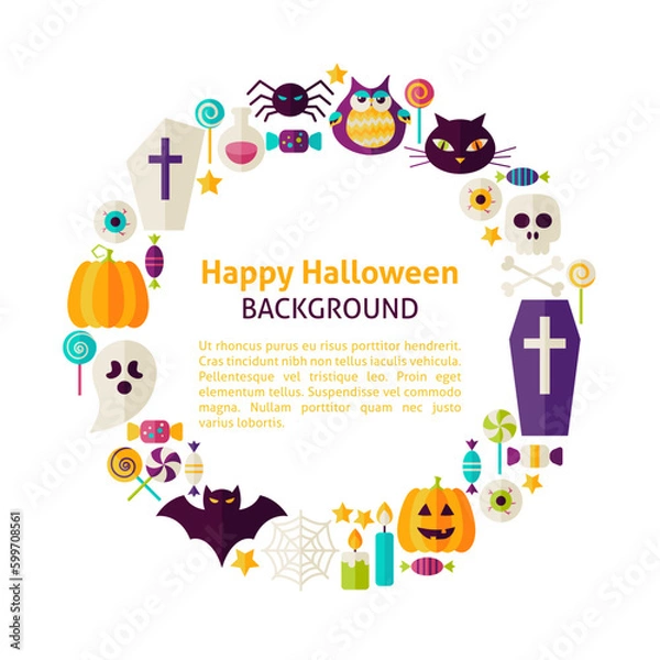 Fototapeta Flat Style Vector Circle Template Collection of Halloween Holiday Objects over White. Set of Trick or Treat Items Isolated over white. Template with Design Elements and Text