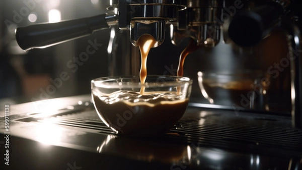 Obraz Close-up of espresso pouring from coffee machine. Generative AI