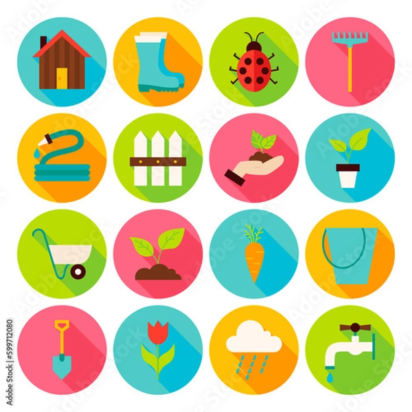 Fototapeta Spring Garden Circle Icons Set with long Shadow. Flat Design Vector Illustration. Collection of Nature Gardening website Icons.