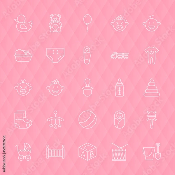 Fototapeta Baby and Toys Line Icons Set over Polygonal Background. Vector Set of Modern Thin Outline Newborn and Childhood Items.