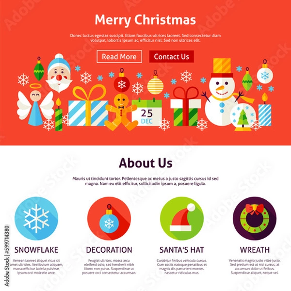 Fototapeta Merry Christmas Web Design. Flat Style Vector Illustration for Website Banner and Landing Page. Winter Greetings.