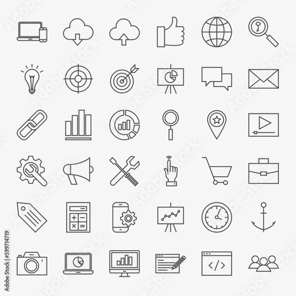 Fototapeta SEO Line Icons Set. Vector Collection of Modern Thin Outline Web Development Symbols.