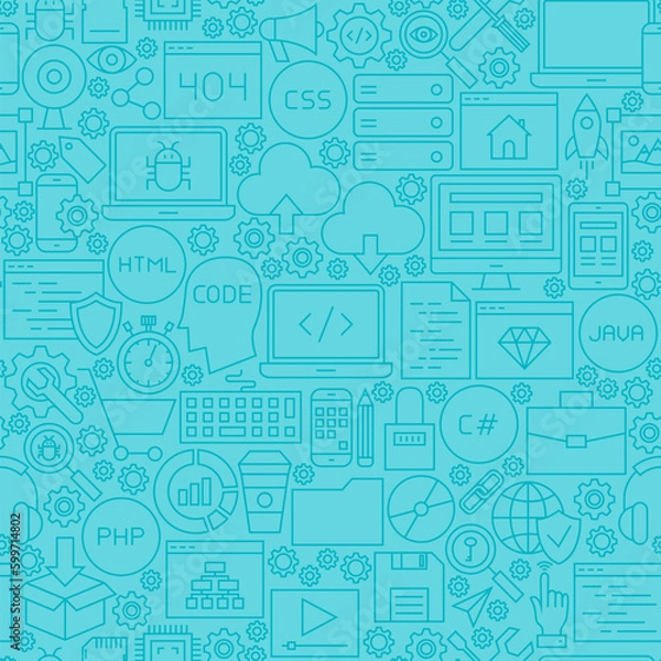 Obraz Blue Coding Line Tile Pattern. Vector Illustration of Outline Seamless Background. Programming Skills.