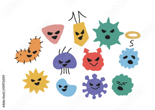 Obraz いろいろな表情の黄色のかわいいばい菌やウイルスのイラスト