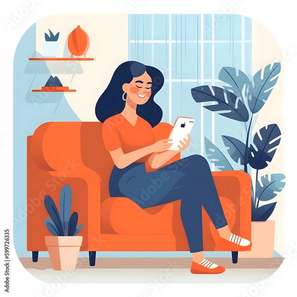 Fototapeta Illustration of happy relaxed young woman sitting on couch using cell phone, smiling lady laughing holding smartphone, looking at cellphone enjoying doing online ecommerce shopping.