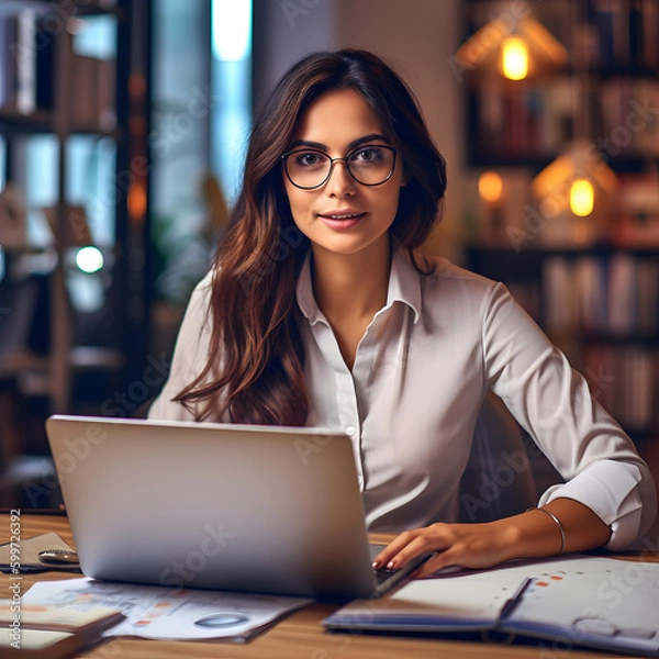Fototapeta Young latin business woman manager accounting analyst checking bills, analyzing sales statistics management, taxes financial data documents or marketing report papers working in office using laptop