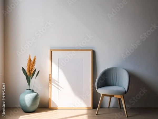 Fototapeta Interior of modern living room with empty picture frame, armchair and plant. Mock up, View of photo frame with interior home decor, Generative Ai