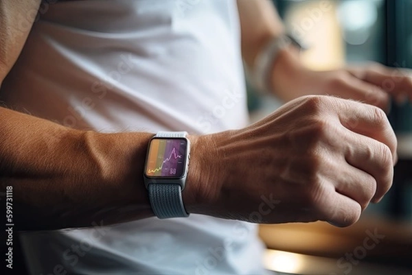 Fototapeta A person wearing a fitness tracker, which uses AI algorithms to monitor their physical activity, heart rate, and sleep quality