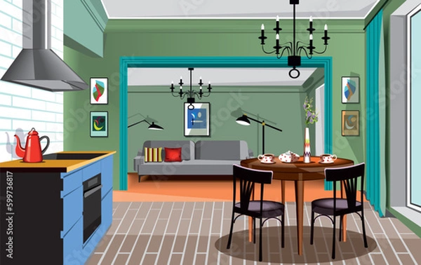 Obraz beautiful modern style interior of the living room with a kitchen zone with a round table, cups and a red kettle, and grey sofa in the living zone.