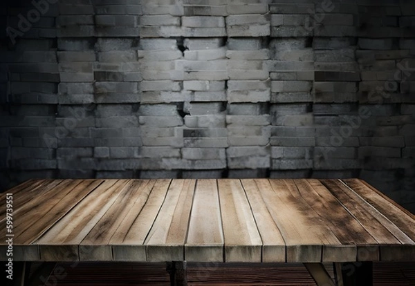 Fototapeta 古い木のテーブルとぼやけたコンクリートブロックの壁