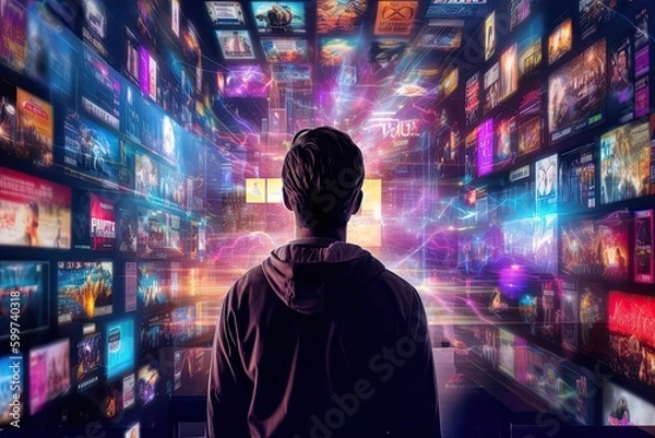 Obraz Osoba korzystająca z usługi przesyłania strumieniowego, taka jak Netflix lub Spotify, która wykorzystuje algorytmy AI do sugerowania filmów, programów telewizyjnych lub utworów na podstawie ich historii oglądania i słuchania