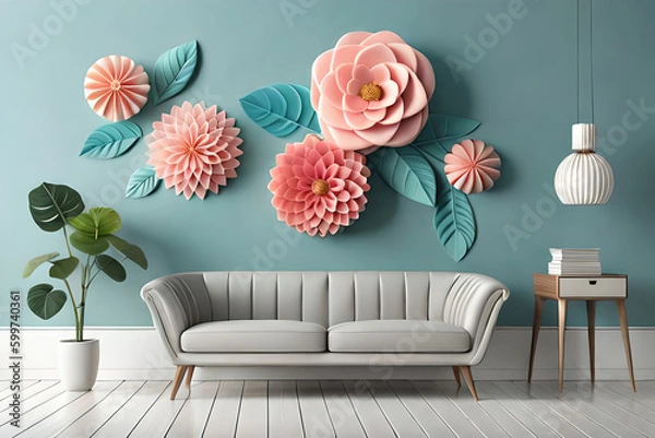 Fototapeta pastel color, 3d mural illustration wallpaper with flowers and circles in light gray background