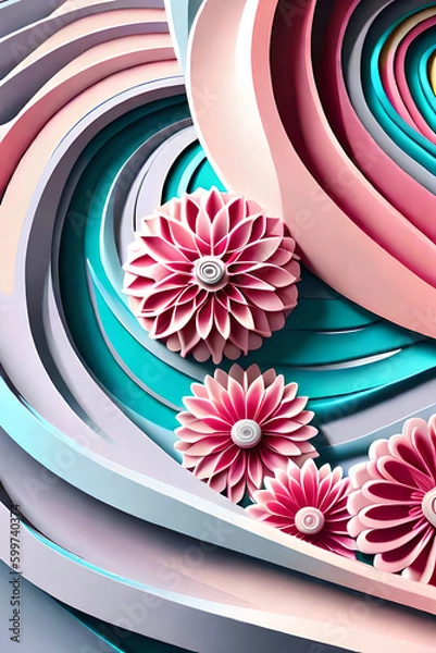 Fototapeta pastel color, 3d mural illustration wallpaper with flowers and circles