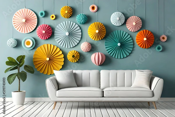 Fototapeta pastel color, 3d mural illustration wallpaper with flowers and circles in light gray background