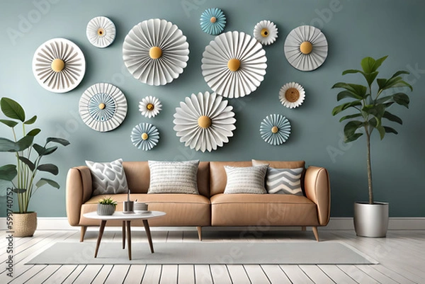 Fototapeta pastel color, 3d mural illustration wallpaper with flowers and circles in light gray background