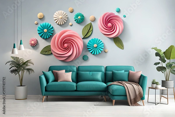 Fototapeta pastel color, 3d mural illustration wallpaper with flowers and circles in light gray background