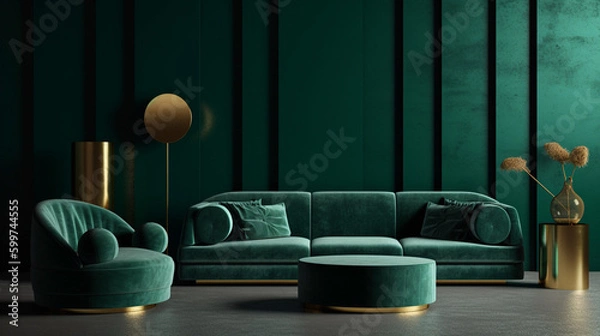 Fototapeta Luxurious Modern Art Deco Living Room Interior Design - Emerald Green with Suede Sofa and Gold Lighting - Generative AI