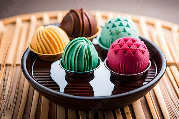 Fototapeta Set of bowls with various colorful Ice Cream scoops with different flavors dressing with fresh ingredients