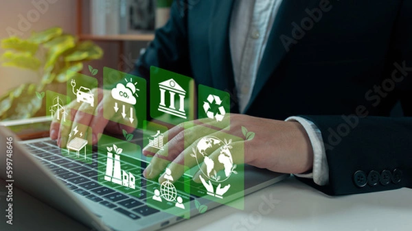 Obraz Businessman analyze investment sustainability ESG icons. ESG environmental protection concept, sustainable development, climate change, green energy recycle, Net zero and carbon neutral.