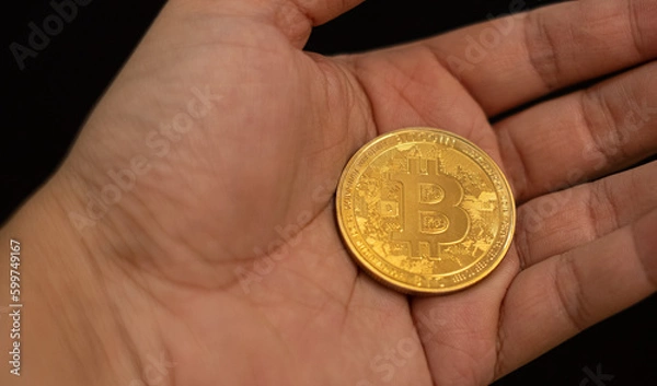 Fototapeta hand of a businessman holding bitcoin, symbol of future saving or investment bitcoin will become gold in the future