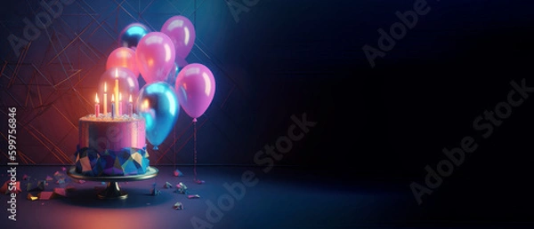 Fototapeta pink cyberpunk inspired birthday cake surounded by balloons and geometric shapes generative ai web banner ratio copy space