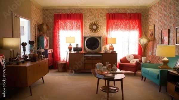 Fototapeta Mid-Century Delight: A Nostalgic 1950s Living Room Filled with Vintage Charm 3. Generative AI