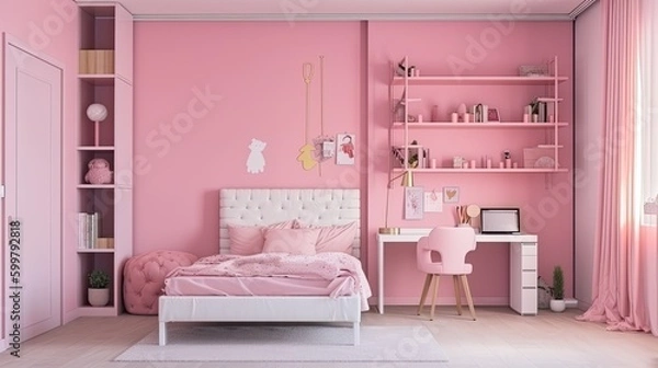 Fototapeta Modern girly room where you can retreat a little from the world. All PINK! Generative AI Technology 