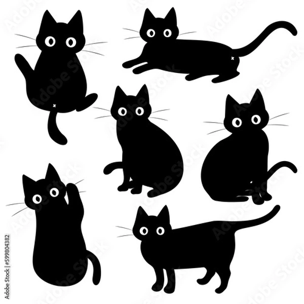 Obraz Cat silhouette collection: big eyes cat set, black cats vector