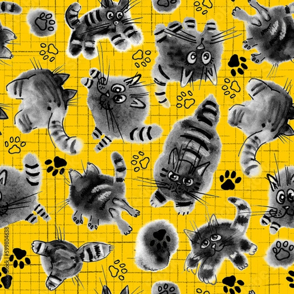 Fototapeta Naughty funny kittens, Seamless pattern for fabric, stationery, notebooks, gray watercolor kittens play on a yellow background