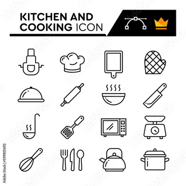 Obraz Kitchen and Cooking Line Vector Icons Set. Simple Flat Icon. Editable Stroke