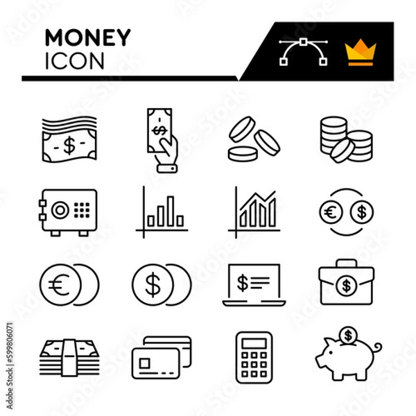 Obraz Money Line Vector Icons Set. Simple Flat Icon. Editable Stroke