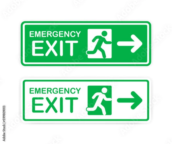 Obraz Emergency exit. Flat, green, emergency exit sign. Vector illustration.