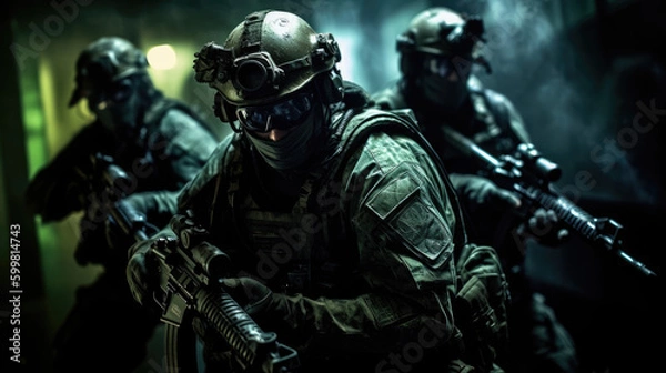 Fototapeta A military special forces team infiltrating a high-security facility, using night vision goggles and suppressed firearms