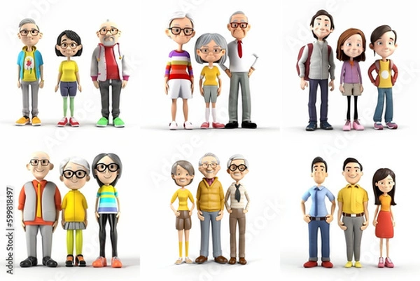 Obraz Happy 3D Families Set on White - Modern Caricatures Character Style Created with Generative AI and Other Techniques