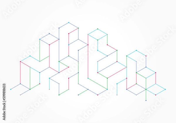Fototapeta Isometric geometric tech vector  pattern with colorful cubes made of lines and nodes. Abstract minimalist technology illustration.