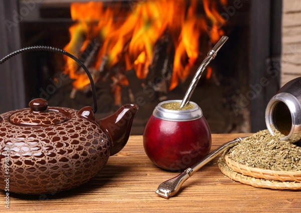 Obraz Mate in the calabash, kettle, yerba on fire background